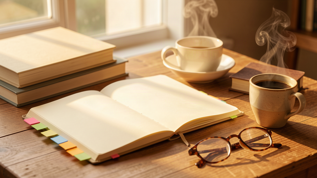 Cuaderno, notas y libros en un escritorio cálido: el gusto por pensar, clave de la necesidad de cognición