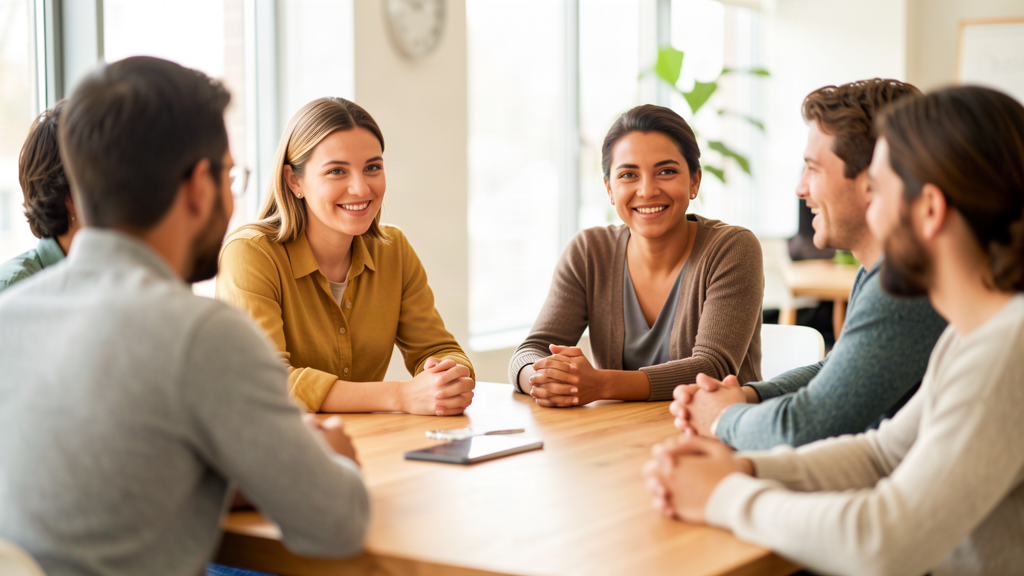 Grupo de compañeros conversando en una oficina: la necesidad de aprobación social